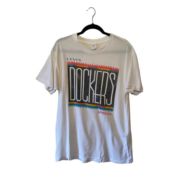Rare Single Stitch Levi Vintage L/XL white short sleeve t-shirt spellout DOCKERS - Picture 1 of 7